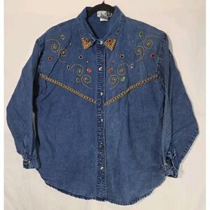 Retro 80's Acid Wash Denim Jean Bedazzled Button Up Long Sleeve Shirt Womens 2XL